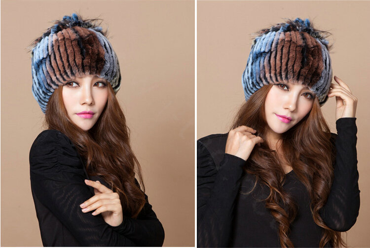 Winter Knitted Beanies Genuine Rex Rabbit Fur Hat With Fox Fur Flower Top Women Hat - Four Color