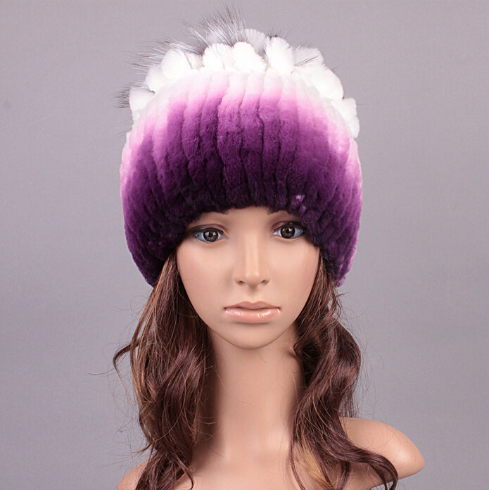 Winter Knitted Beanies Genuine Rex Rabbit Fur Hat With Fox Fur Flower Top Women Hat - Purple