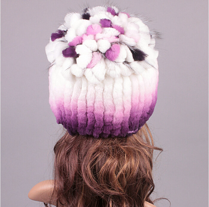 Winter Knitted Beanies Genuine Rex Rabbit Fur Hat With Fox Fur Flower Top Women Hat - Purple
