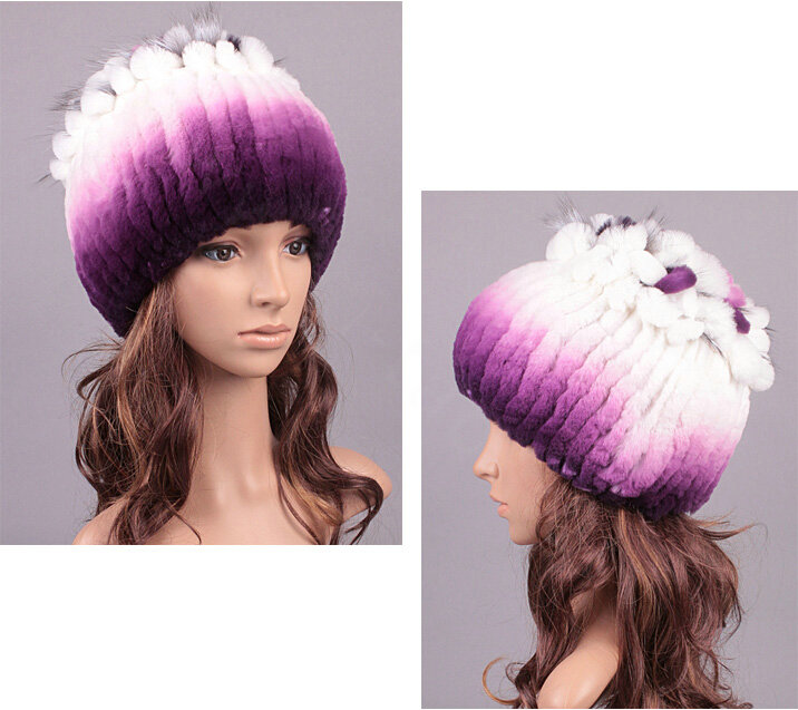 Winter Knitted Beanies Genuine Rex Rabbit Fur Hat With Fox Fur Flower Top Women Hat - Purple