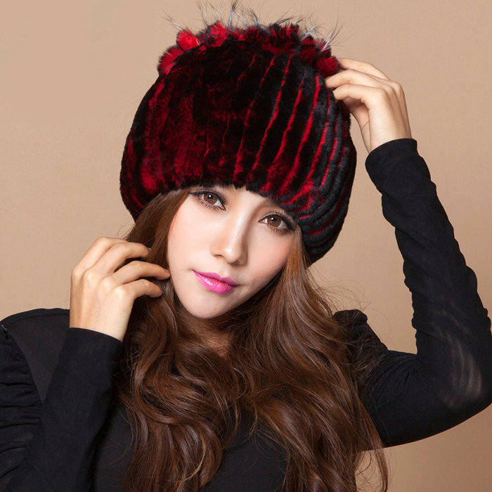 Winter Knitted Beanies Genuine Rex Rabbit Fur Hat With Fox Fur Flower Top Women Hat - Red Black
