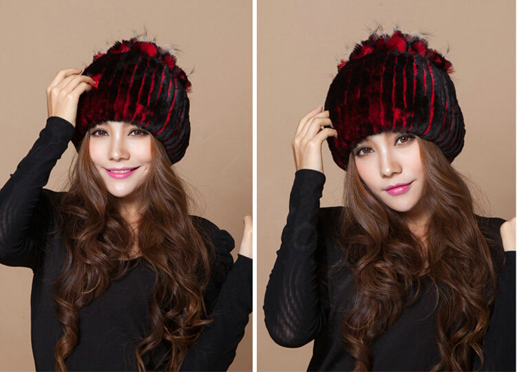 Winter Knitted Beanies Genuine Rex Rabbit Fur Hat With Fox Fur Flower Top Women Hat - Red Black