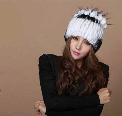 Winter Knitted Beanies Genuine Rex Rabbit Fur Hat With Fox Fur Flower Top Women Hat - White Black