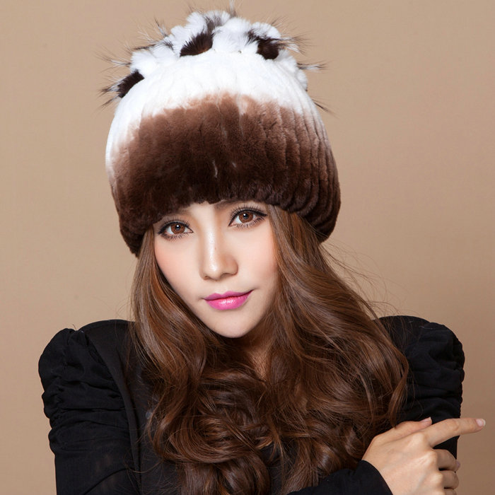 Winter Knitted Beanies Genuine Rex Rabbit Fur Hat With Fox Fur Flower Top Women Hat - White Coffee