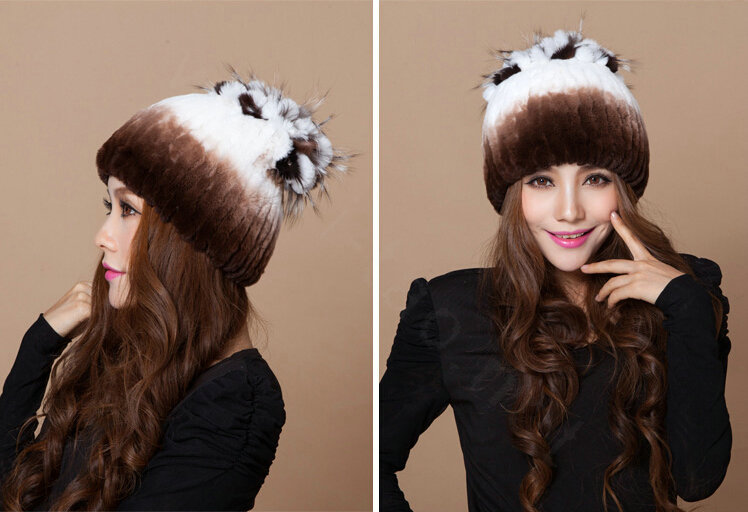 Winter Knitted Beanies Genuine Rex Rabbit Fur Hat With Fox Fur Flower Top Women Hat - White Coffee