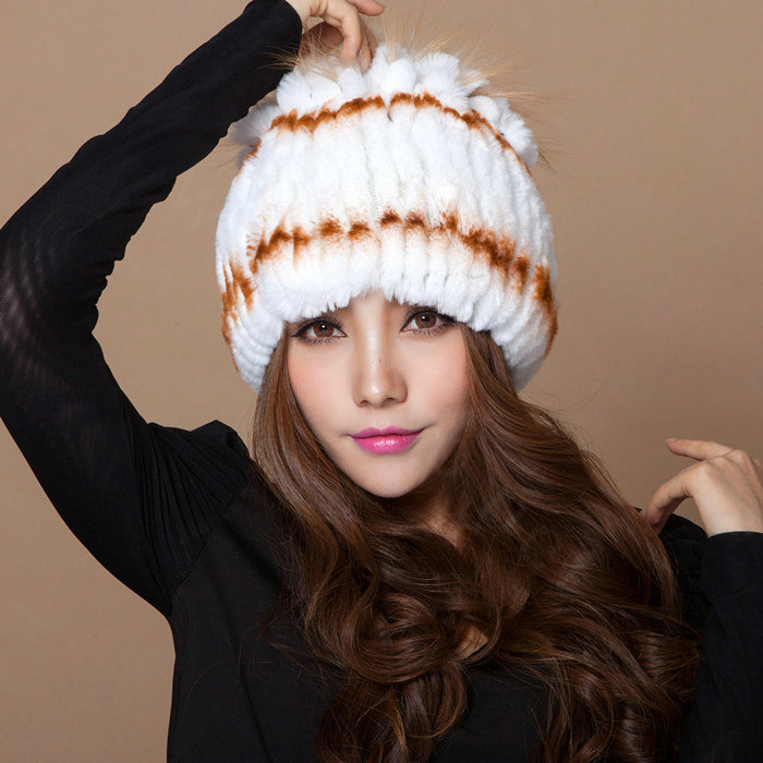 Winter Knitted Beanies Genuine Rex Rabbit Fur Hat With Fox Fur Flower Top Women Hat - White Orange