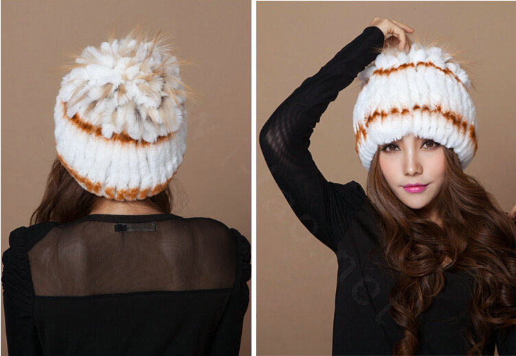 Winter Knitted Beanies Genuine Rex Rabbit Fur Hat With Fox Fur Flower Top Women Hat - White Orange