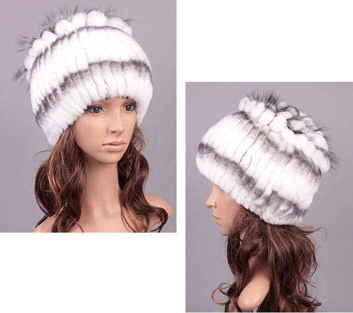 Winter Knitted Beanies Genuine Rex Rabbit Fur Hat With Fox Fur Flower Top Women Hat - White