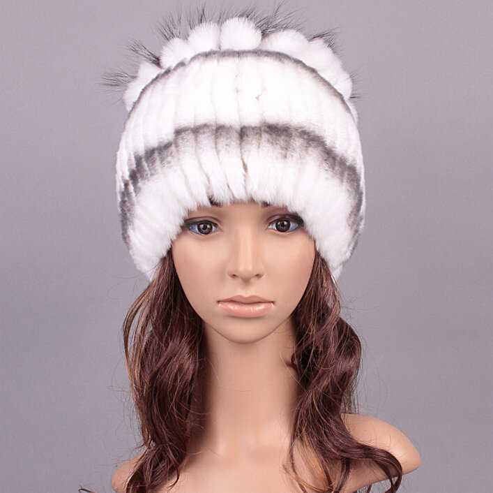 Winter Knitted Beanies Genuine Rex Rabbit Fur Hat With Fox Fur Flower Top Women Hat - White