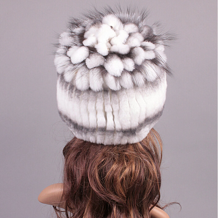 Winter Knitted Beanies Genuine Rex Rabbit Fur Hat With Fox Fur Flower Top Women Hat - White