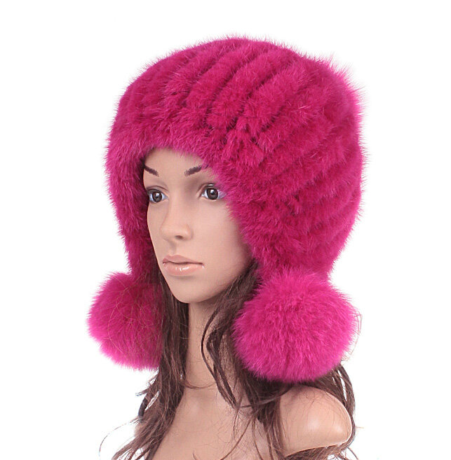 Winter Real Mink Fur Hat With Fox Fur Balls Women Sweety Knitted Beanies Dome Caps - Rose
