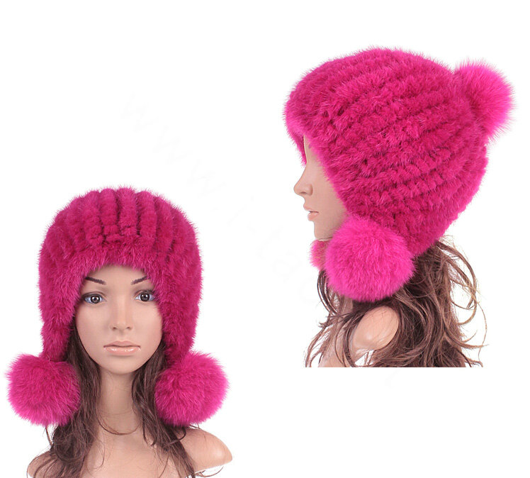 Winter Real Mink Fur Hat With Fox Fur Balls Women Sweety Knitted Beanies Dome Caps - Rose