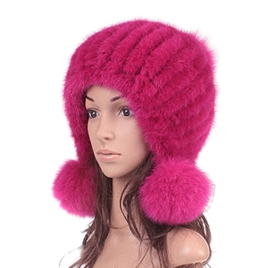 Winter Real Mink Fur Hat With Fox Fur Balls Women Sweety Knitted Beanies Dome Caps - Rose