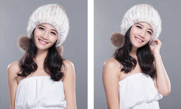 Winter Real Mink Fur Hat With Fox Fur Pom Poms Women Knitted Ear Protection Caps - White Coffee