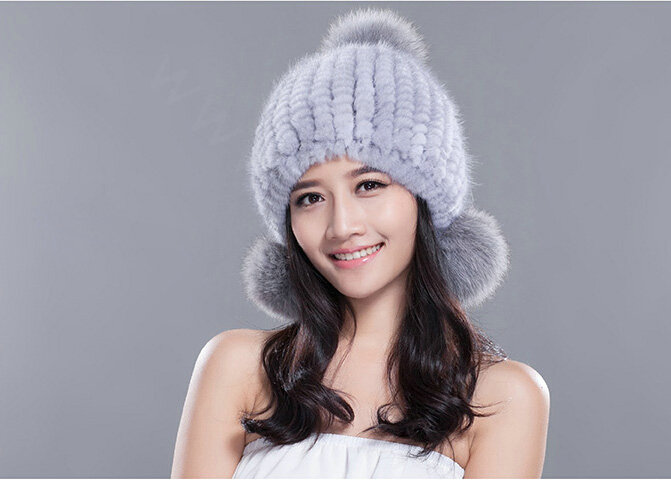 Winter Real Mink Fur Hat With Fox Fur Pom Poms Women Knitted Thicken Ear Protection Caps - Blue Grey