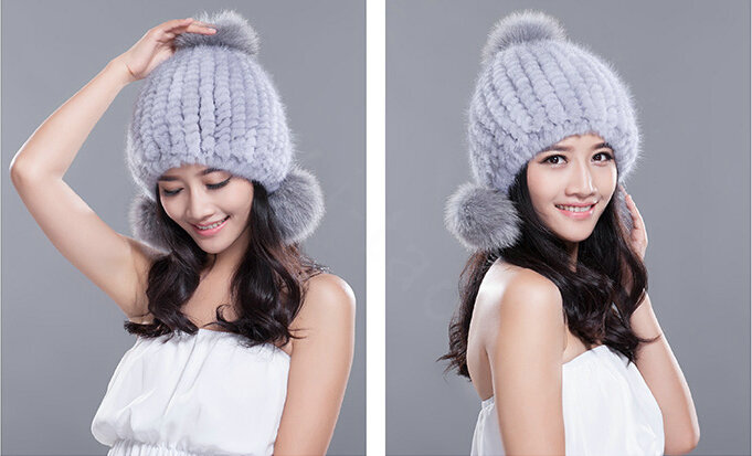 Winter Real Mink Fur Hat With Fox Fur Pom Poms Women Knitted Thicken Ear Protection Caps - Blue Grey