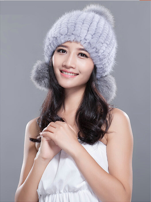 Winter Real Mink Fur Hat With Fox Fur Pom Poms Women Knitted Thicken Ear Protection Caps - Blue Grey