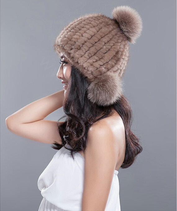 Winter Real Mink Fur Hat With Fox Fur Pom Poms Women Knitted Thicken Ear Protection Caps - Khaki