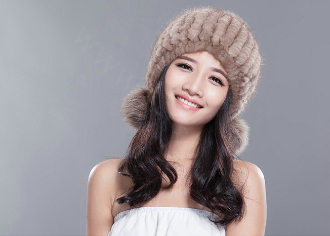 Winter Real Mink Fur Hat With Fox Fur Pom Poms Women Knitted Thicken Ear Protection Caps - Khaki