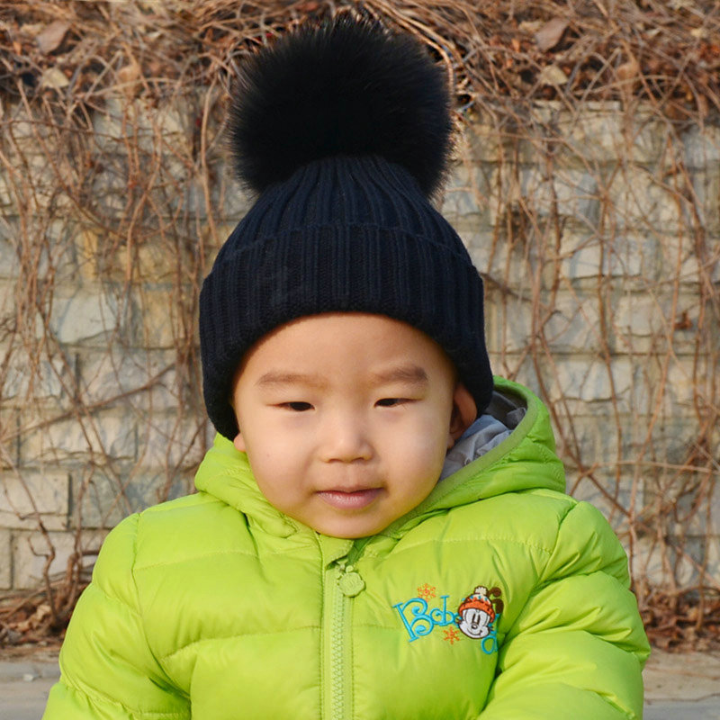 Winter Warm Baby's Knitted Hat With Fox Fur Poms Poms Unisex Kids Casual Snow Caps - Black