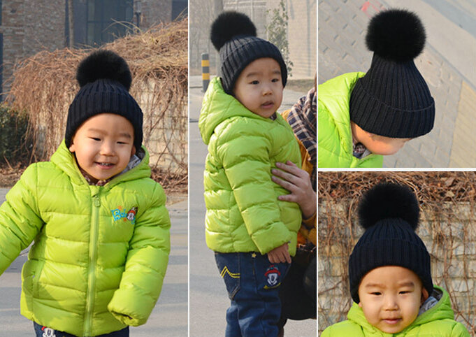 Winter Warm Baby's Knitted Hat With Fox Fur Poms Poms Unisex Kids Casual Snow Caps - Black