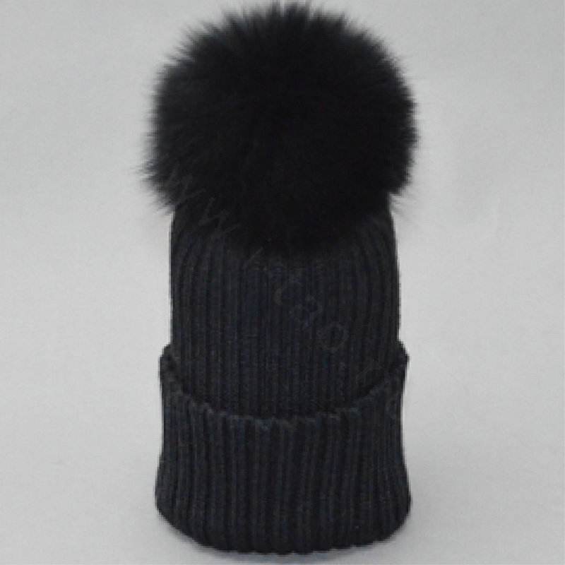Winter Warm Baby's Knitted Hat With Fox Fur Poms Poms Unisex Kids Casual Snow Caps - Black