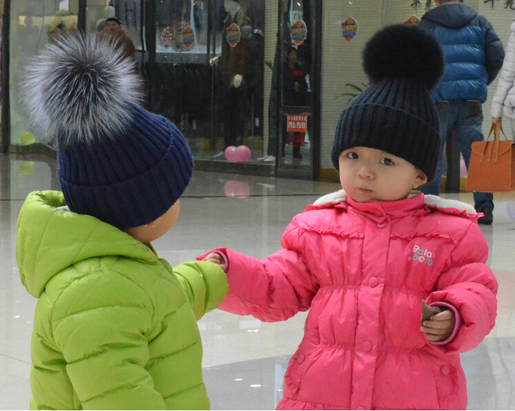 Winter Warm Baby's Knitted Hat With Sliver Fox Fur Poms Poms Unisex Kids Casual Snow Caps - Blue
