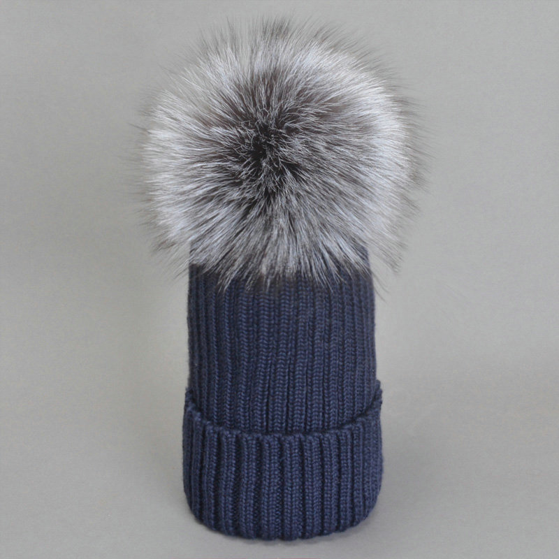 Winter Warm Baby's Knitted Hat With Sliver Fox Fur Poms Poms Unisex Kids Casual Snow Caps - Blue