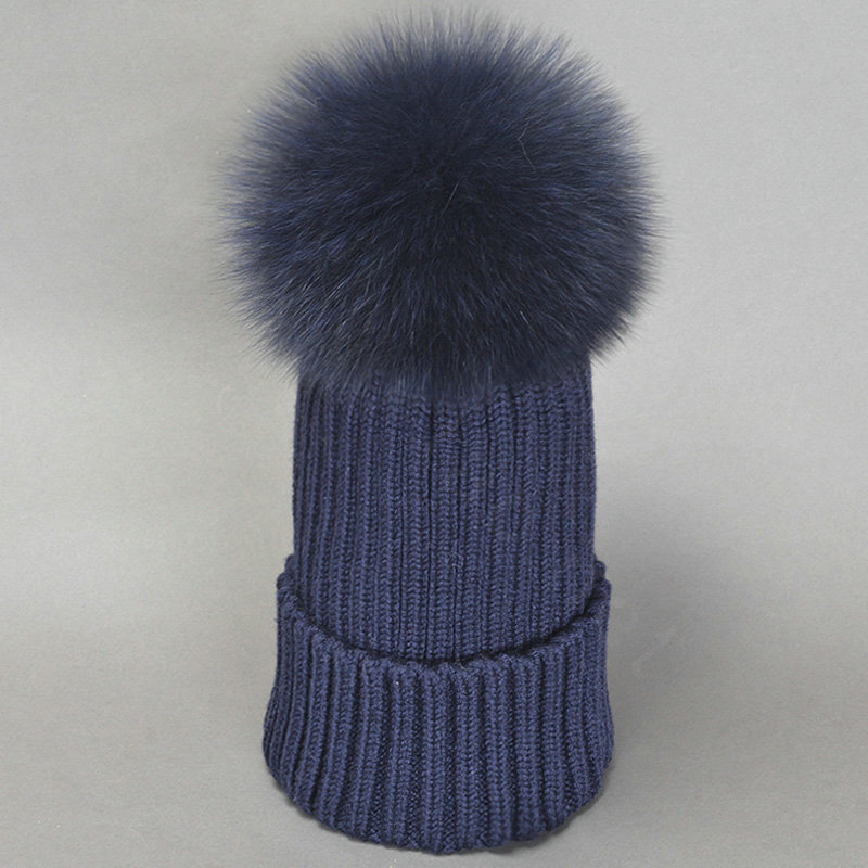 Winter Warm Cute Baby's Knitted Hat With Fox Fur Poms Poms Unisex Kids Casual Caps - Blue