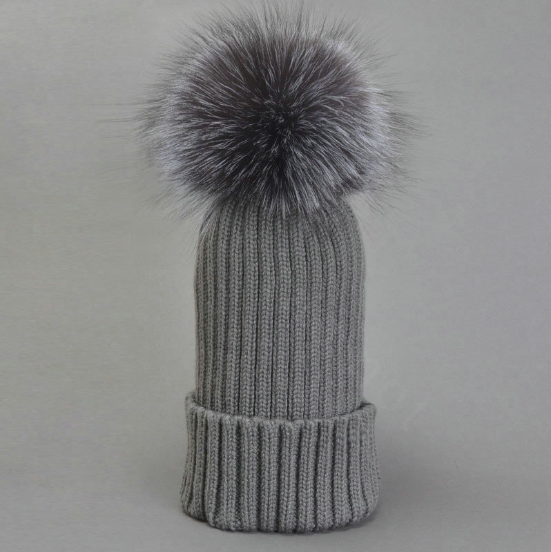 Winter Warm Cute Baby's Knitted Hat With Sliver Fox Fur Poms Poms Unisex Kids Casual Caps - Grey