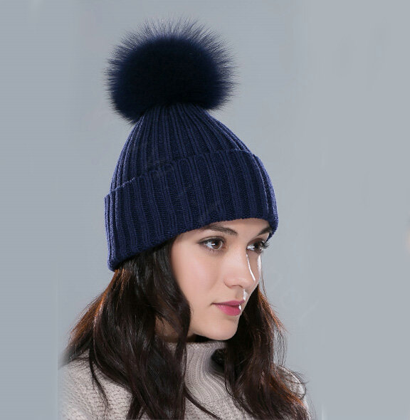 Winter Warm Knitted Beanies Hat With Fox Fur Poms Poms Women Couples Snow Caps - Blue