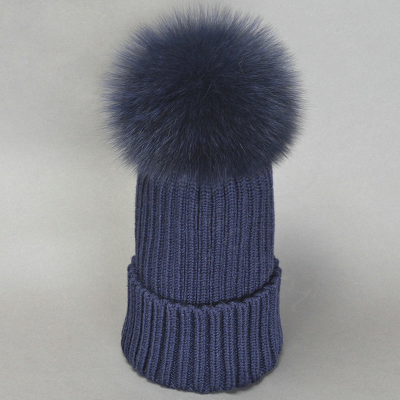 Winter Warm Knitted Beanies Hat With Fox Fur Poms Poms Women Couples Snow Caps - Blue