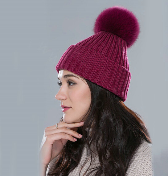 Winter Warm Knitted Beanies Hat With Fox Fur Poms Poms Women Couples Snow Caps - Wine Red
