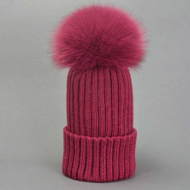 Winter Warm Knitted Beanies Hat With Fox Fur Poms Poms Women Couples Snow Caps - Wine Red