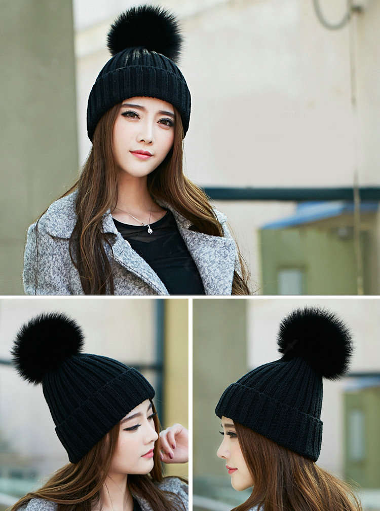 Winter Warm Knitted Beanies Hat With Fox Fur Poms Poms Women Unisex Casual Caps - Black
