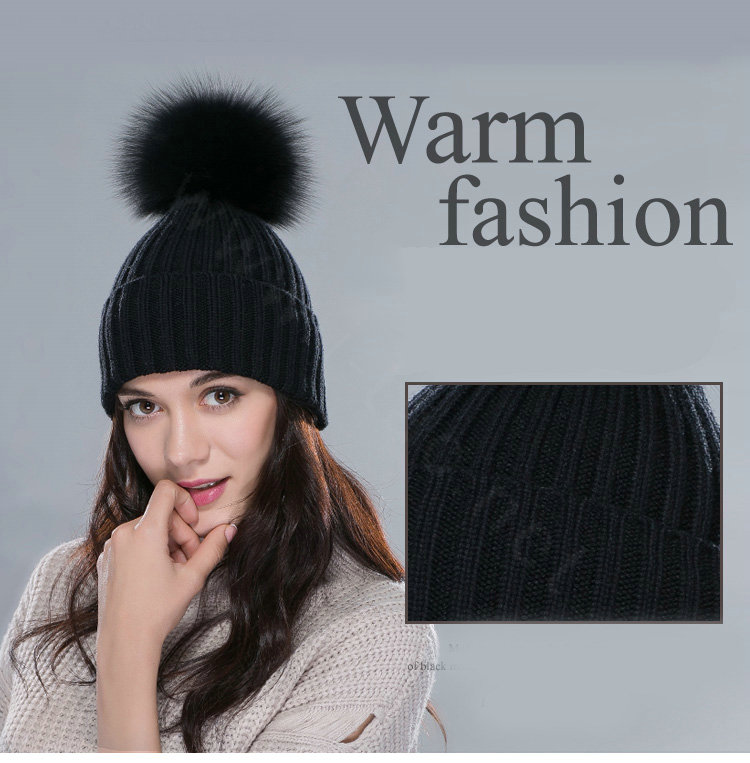 Winter Warm Knitted Beanies Hat With Fox Fur Poms Poms Women Unisex Casual Caps - Black