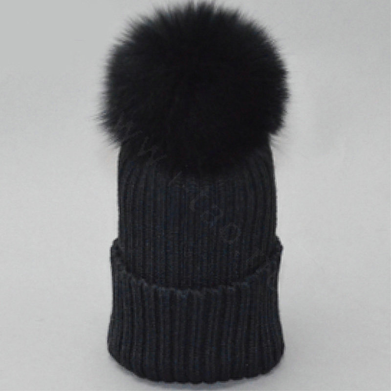 Winter Warm Knitted Beanies Hat With Fox Fur Poms Poms Women Unisex Casual Caps - Black