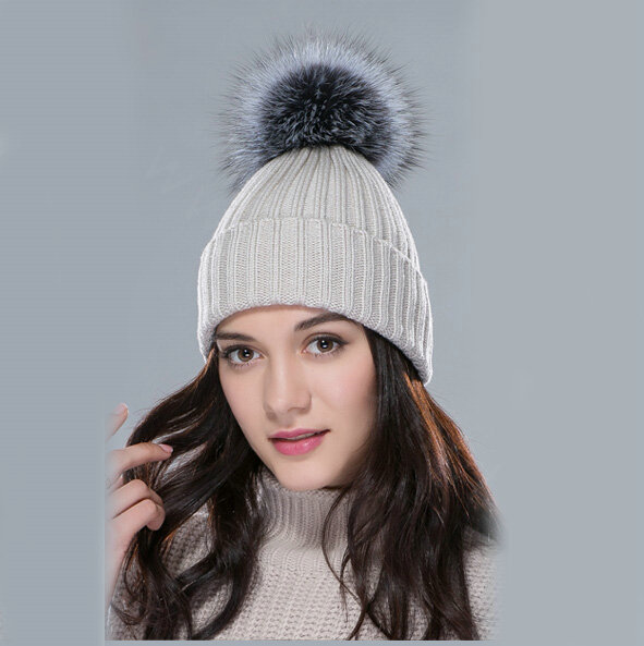 Winter Warm Knitted Beanies Hat With Sliver Fox Fur Poms Poms Women Snow Caps - Beige