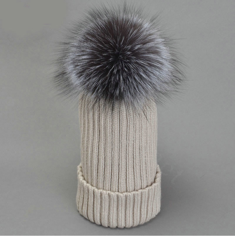 Winter Warm Knitted Beanies Hat With Sliver Fox Fur Poms Poms Women Snow Caps - Beige