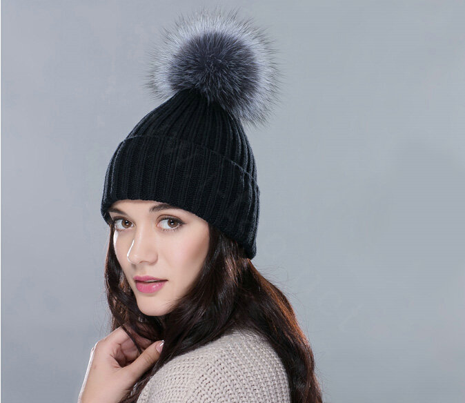 Winter Warm Knitted Beanies Hat With Sliver Fox Fur Poms Poms Women Snow Caps - Black