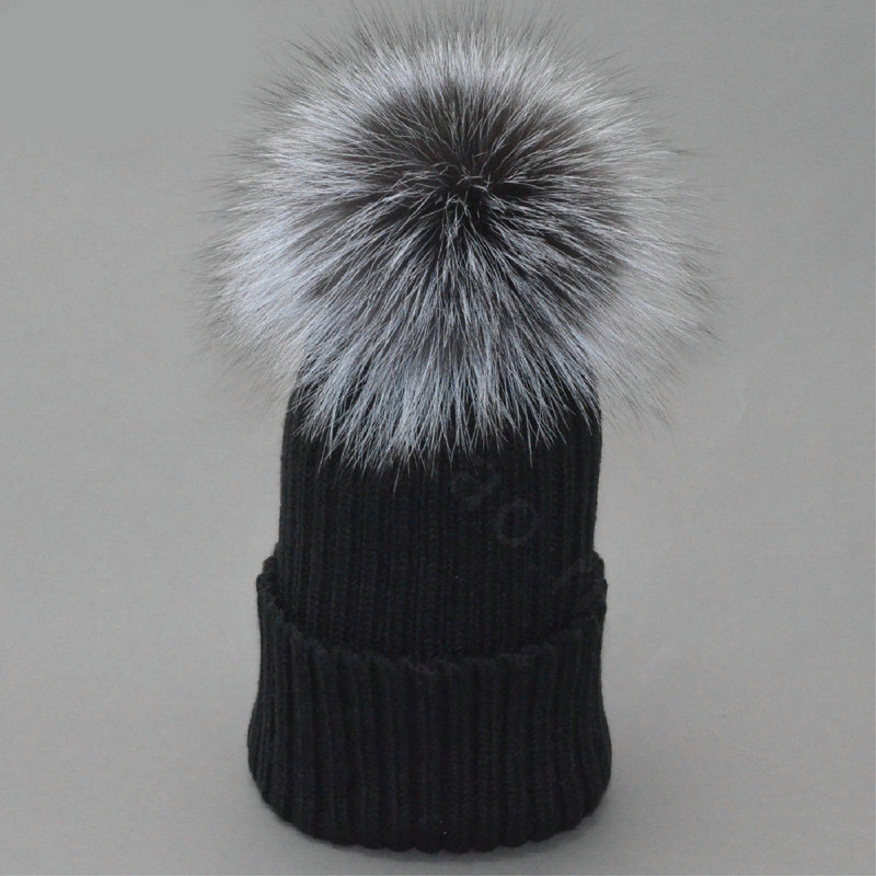 Winter Warm Knitted Beanies Hat With Sliver Fox Fur Poms Poms Women Snow Caps - Black