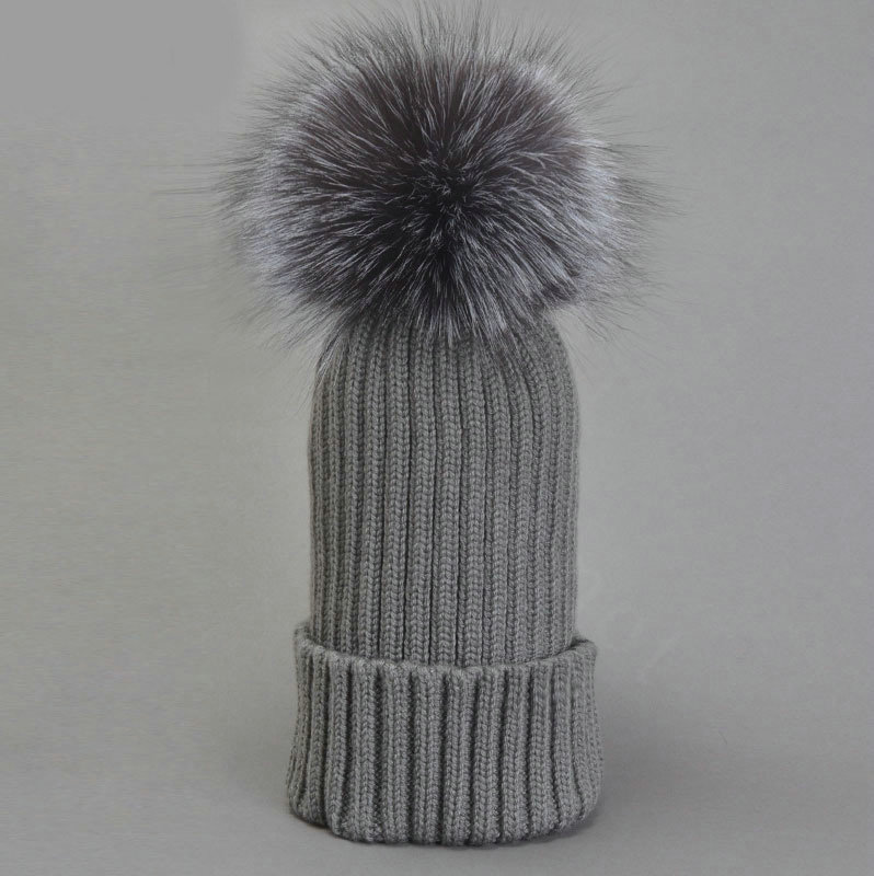 Winter Warm Knitted Beanies Hat With Sliver Fox Fur Poms Poms Women Snow Caps - Grey