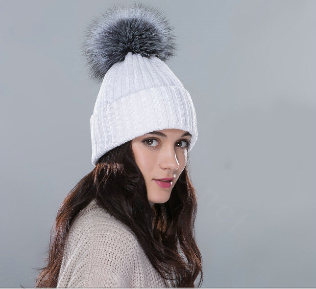 Winter Warm Knitted Beanies Hat With Sliver Fox Fur Poms Poms Women Snow Caps - White