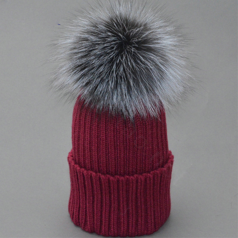 Winter Warm Knitted Beanies Hat With Sliver Fox Fur Poms Poms Women Snow Caps - Wine Red