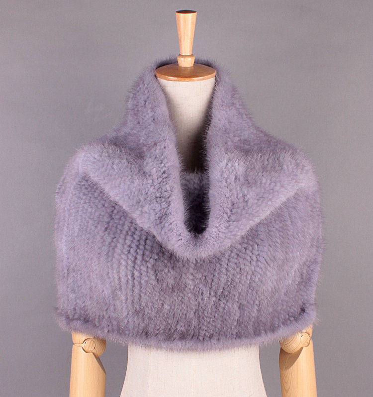 Winter Women Knitted Genuine Mink Fur Shawl Scarf Elasticity Large Fur Neck Wraps - Blue Grey