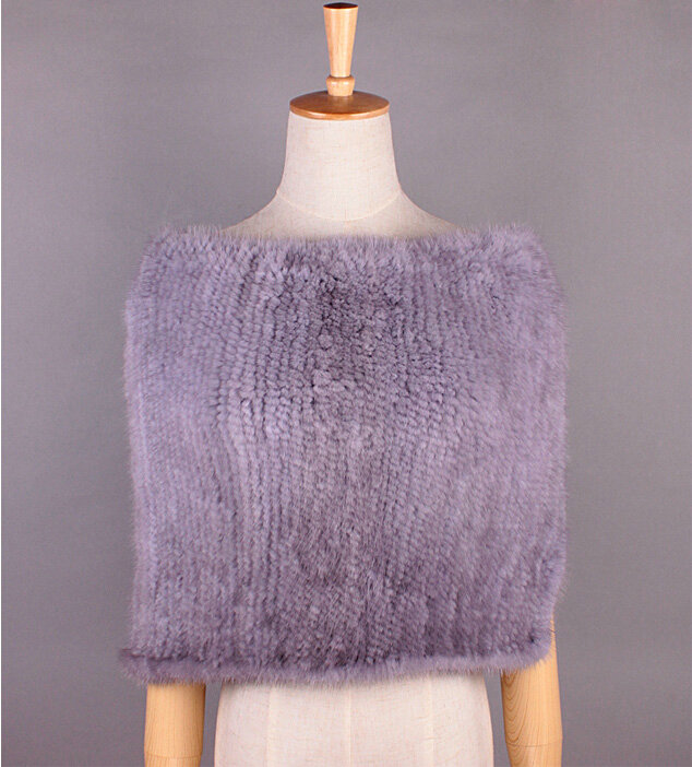 Winter Women Knitted Genuine Mink Fur Shawl Scarf Elasticity Large Fur Neck Wraps - Blue Grey