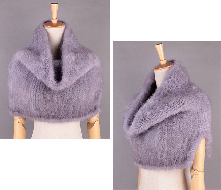 Winter Women Knitted Genuine Mink Fur Shawl Scarf Elasticity Large Fur Neck Wraps - Blue Grey