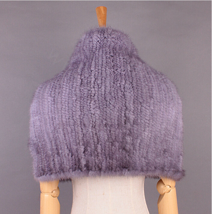 Winter Women Knitted Genuine Mink Fur Shawl Scarf Elasticity Large Fur Neck Wraps - Blue Grey