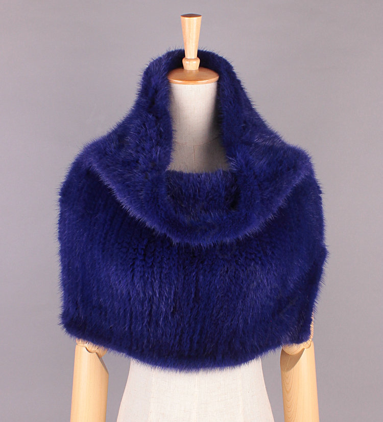 Winter Women Knitted Genuine Mink Fur Shawl Scarf Elasticity Large Fur Neck Wraps - Blue