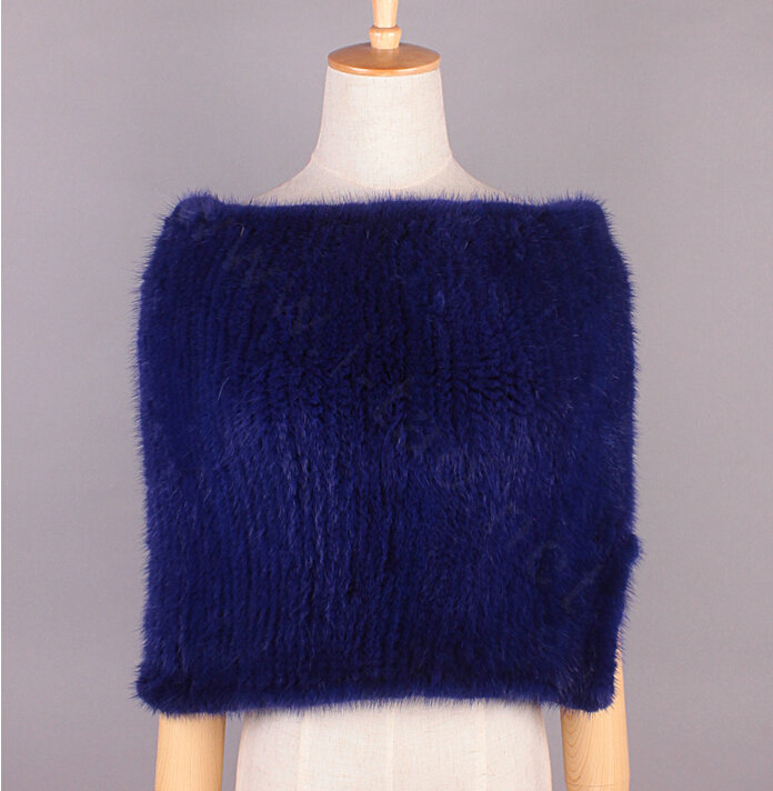 Winter Women Knitted Genuine Mink Fur Shawl Scarf Elasticity Large Fur Neck Wraps - Blue